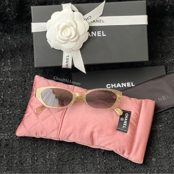 Auth NIB Chanel 71280 Crystal Logo Gold Glitter Rectangle Sunglasses - Picture 2 of 13